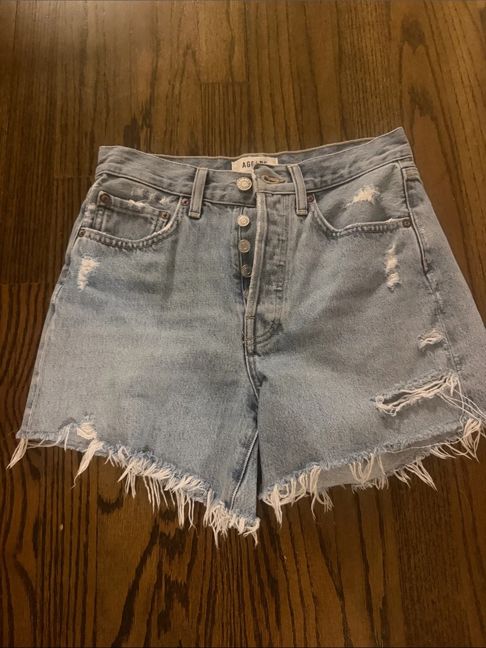 AGOLDE Light Wash Distressed High-Rise Denim Shorts size 23. Parker Long style.